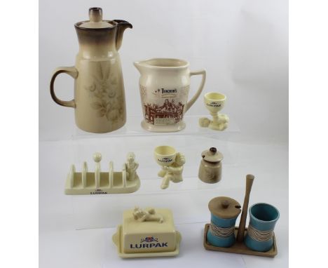 A set of Lurpak ceramics to include Lurpak butter dish, toast rack and two egg cups, a 'Teachers Highland Cream Scotch Whisky