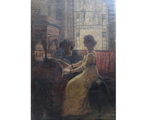 UNATTRIBUTED; a c1930 oil on Birchmore Board, Pre-Raphaelite style study of a young lady in chapel playing the organ while he