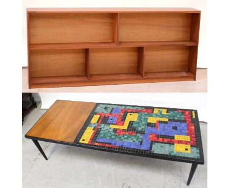 A c1960s retro coffee table, multi-coloured abstract mosaic tile top to tapering tubular supports, 154 x 63cm and a contempor