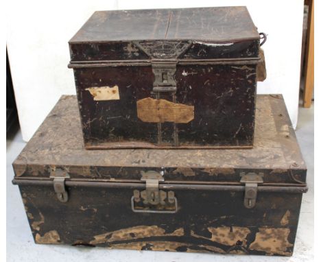 A large 19th century metal seamen's trunk with rectangular looped carry handles, width 89.5cm and a smaller example (2).