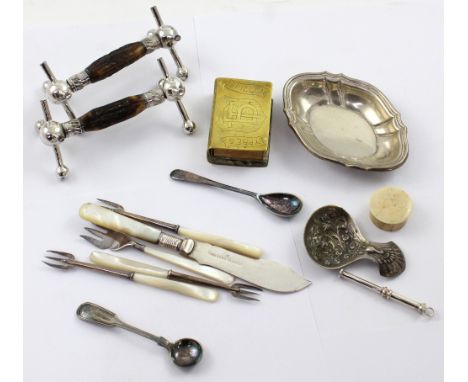 An interesting collection of silver-plated ware to include two antler carving stands, a pair of 800 grade silver pin dishes, 