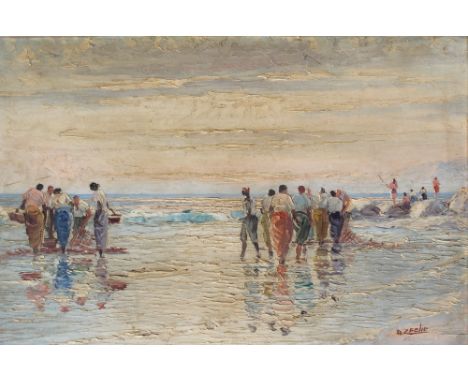 ADELIO ZAGNI ZEELIE (South African 1911-1991); oils, South African seascape with figures on a beach with fishing nets and bas