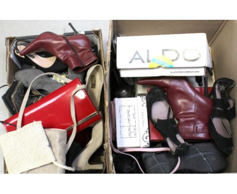A large quantity of vintage and contemporary ladies' shoes, handbags and evening purses to include stiletto boots, peep-toe s