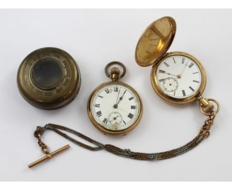 A full hunter rolled gold pocket watch, the white enamel dial set with Roman numerals and subsidiary dial (lacking glass), wi
