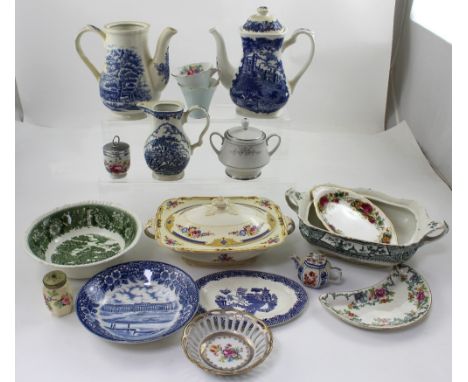 A quantity of ceramics to include vintage blue and white coffee pot, willow pattern plate, a WH Grindley &amp; Co tureen, var