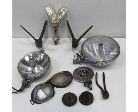Two non-matching vintage Lucas car head lamps, a Royal Automobile Club Association badge no.CA37545, a Rolls Royce 'Spirit of