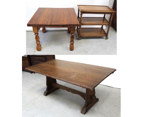 A modern oak draw-leaf table on turned supports, width 91cm, an oak three-shelf tea trolley, width 80.5cm and an oak refector