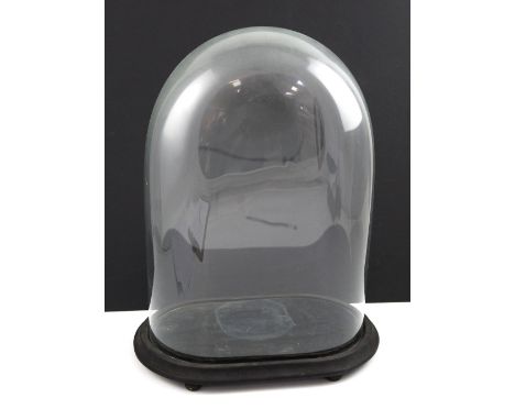 A vintage oval glass dome on oval wooden base, height 30cm. CONDITION REPORT Some flea bites around the base of the glass, ot