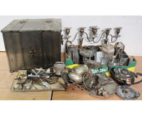 A vintage metal coal bin, a quantity of plated ware to include candelabra, small bowls, tankards, coffee pot, flatware, biscu