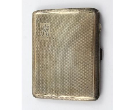 A hallmarked silver cigarette case with engine-turned decoration and monogrammed square reserve 'ALM', Birmingham 1940, with 