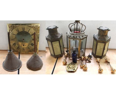 A vintage brass octagonal lantern light, a pair of vintage brass Alderson &amp; Gyde Ltd ships' wall lights, a large copper f