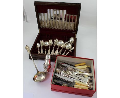 A cased set of six-setting flatware to include knives, forks, soup spoons, dessert spoons, teaspoons etc and a quantity of lo