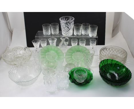 A group of lead crystal and moulded glass to include fruit bowls, sherry glasses, celery glass, ring stand etc.