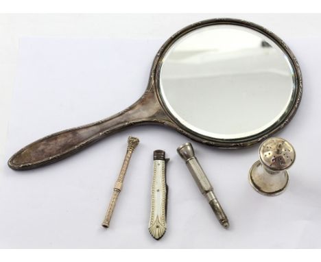 A Victorian silver and mother of pearl folding fruit fork, James Beebe, Sheffield 1899, a small Chester hallmarked barrette, 