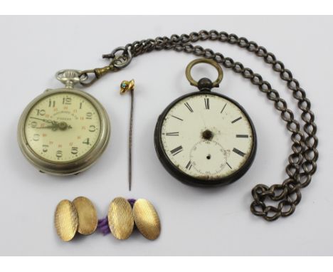 A late 19th century silver open-faced pocket watch, diameter 5cm (af), a pair of gold-plated silver chain link cufflinks, a s