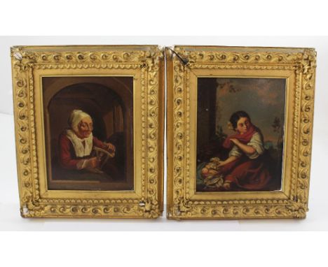 UNATTRIBUTED; a pair of 19th century North European oils on Flemish ground milled boards, one depicting an old spinster viewe