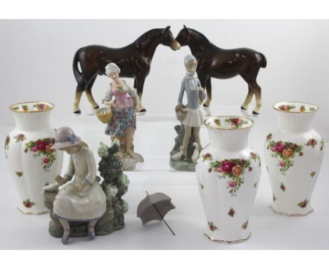 Three Royal Albert 'Old Country Roses' baluster vases, a Nao figure, a Lladró figure (af), two Beswick-style horses and a Con