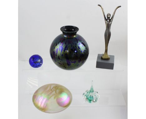 A large Royal Brierley Studios iridescent spherical vase with everted rim, a 1989 Glass House iridescent oil lamp, a Caithnes