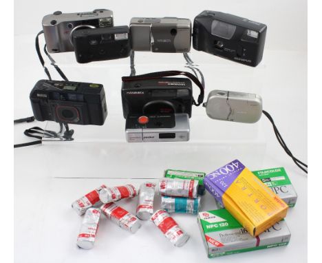 Eight vintage cameras to include three Minolta examples, an IX Date, a Vectis 20 and a Riva Zoom 105EX, an Agfamatic 3000, a 