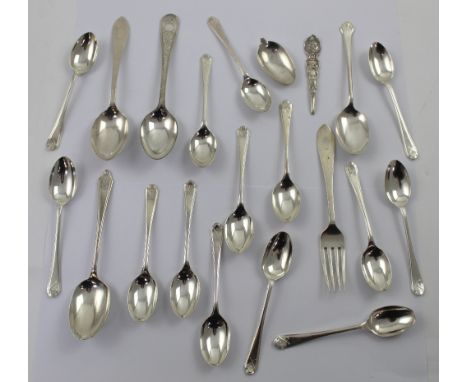 A small collection of silver teaspoons and fork, plus a plated example, combined approx 10ozt.