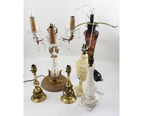 A reproduction Emile Gallé cameo glass lamp base, height 53cm and a three-branch electric candelabrum, a pair of brass balust