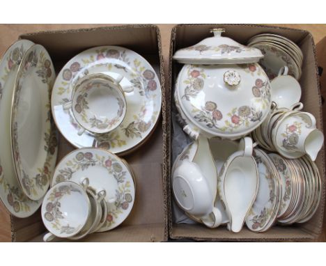 A substantial Wedgwood 'Lichfield' pattern dinner service comprising three lidded vegetable tureens, two sauce boats on stand