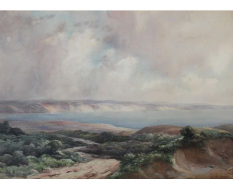 A B WALLER; watercolour, seascape with rocky cliffs and thundery skies, signed lower-right, 52 x 68cm, framed and glazed.
