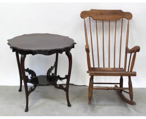 A mid-to-late 20th century plywood and beech rocking chair with spindle back and turned legs, height 104cm and an Edwardian m