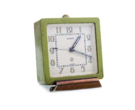 JAEGER LE COULTRE ALARM CLOCK OF ART DECO DESIGN, the square dial with Arabic numerals and marked 'LeCoultre', contained in a
