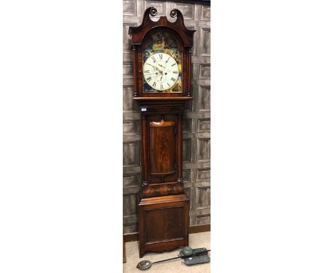 19TH CENTURY LONGCASE CLOCK, the hood with broken swan neck pediment, enclosing a white enamel dial painted with Roman numera