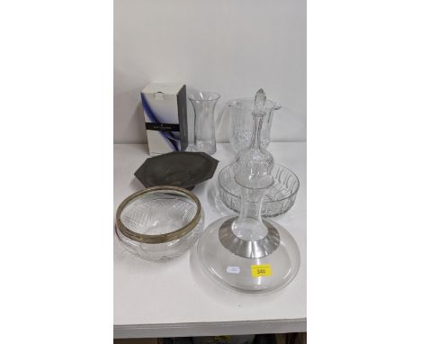 Glassware to include a wine cooler, a Dartington vase, a carafe A/F, a decanter and bowl and a Tudric pewter dishLocation: 