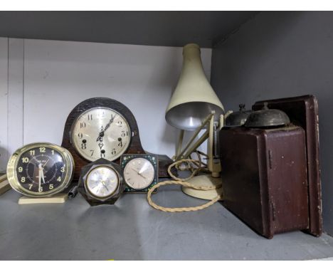 A Herbert Terry cream painted anglepoise lamp, Enfield oak cased clock retailed by James Walker Ltd London, three dressing ta