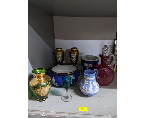 Selection of glass and ceramics to include Wedgwood Jasperware, Victorian Cranberry glass jug, Venetian enamel and gilded gla