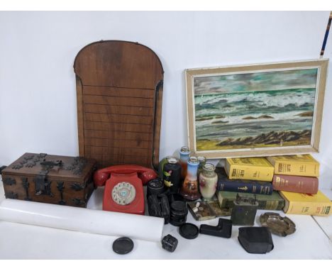 A mixed lot to include coins, Chinese scroll painting, cigarette tray, telephone, books, oil painting, table lighter and othe