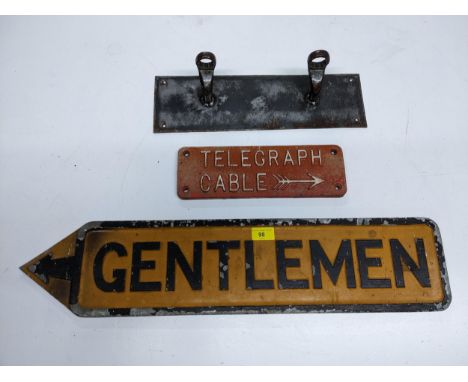 A large enamel Ramp Ahead sign, Gentleman's painted metal sign, Telegraph cable sign and an industrial style metal coat hookL