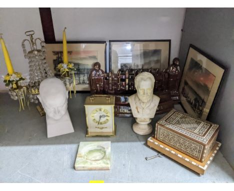 A mixed lot to include three signed mid century prints, on enamel fire surround, candleholder, plaster bust of Tchaikovsky, m