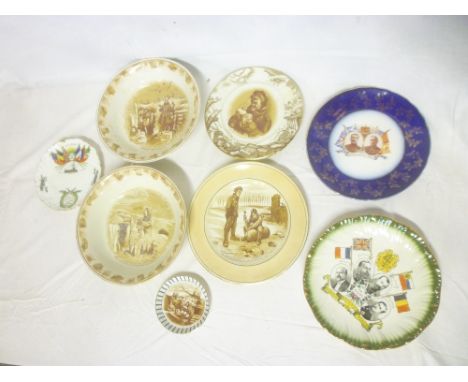 Four First War Grimwades Bruce Bairnsfather decorated plates and bowls with sepia character decoration, similar pin dish and 
