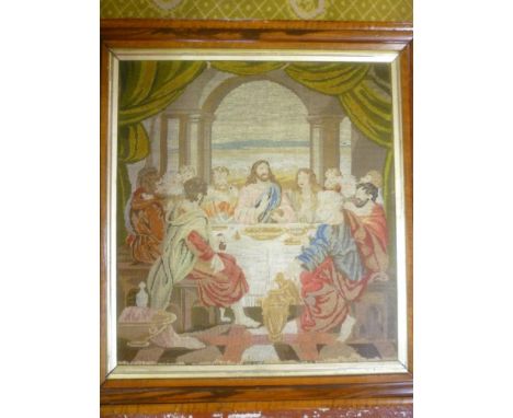 A Victorian needlework rectangular panel depicting the Last Supper, framed and glazed
