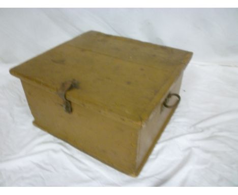 A small Continental pine rectangular trunk with iron handles and hinged lid