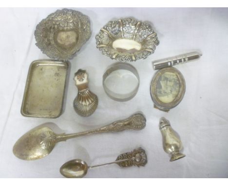 A Victorian silver "Kings" pattern serving spoon, small silver oval photo frame, sweetmeat dish, bangle, etc
