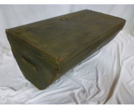 A mid 19th Century leather rectangular coach trunk with tapered body, hinged lid and brass mounts