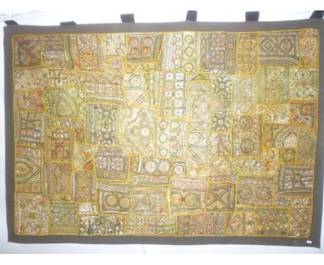 A Rajasthan embroidered wire and fabric rectangular panel with geometric decoration 