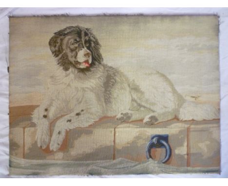 A Victorian needlework rectangular panel depicting a recumbent dog