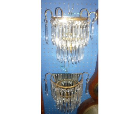 Two pairs of gilt brass wall mounted light fittings with glass lozenge droplet decoration