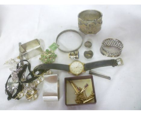 A selection of various costume jewellery together with Services wristwatch, decorative bangle, a pair of silver napkin rings,