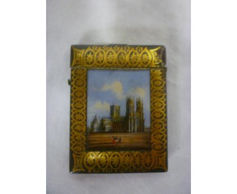 A 19th Century lacquered rectangular card case, the centre with painted and decorated panel depicting figures in front of a c