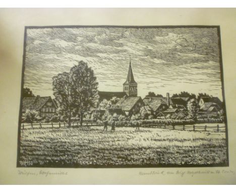 A black and white woodcut print dated 1930, signed Wulfen, framed and glazed