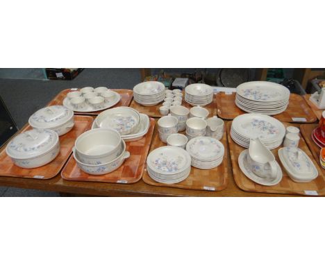 Seven trays of Poole pottery 'Springtime' design items to include: teacups and saucers, various plates, sauceboat on stand, b