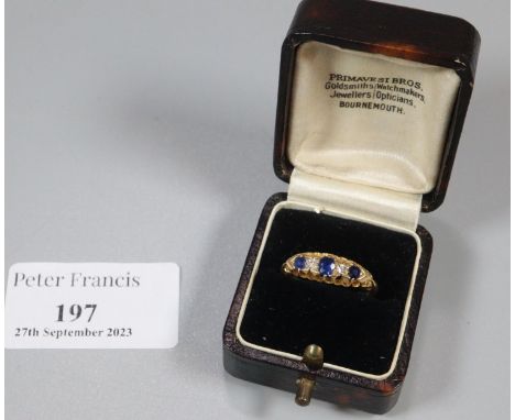 18ct gold diamond and sapphire five stone ring. 3.5g approx. Ring size O & 1/2.(B.P. 21% + VAT) 