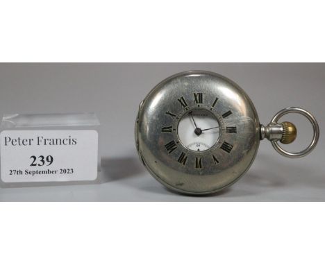 Longines half hunter silver plated pocket watch with enamel face and Roman numerals. (B.P. 21% + VAT)  Not working.  Crack to